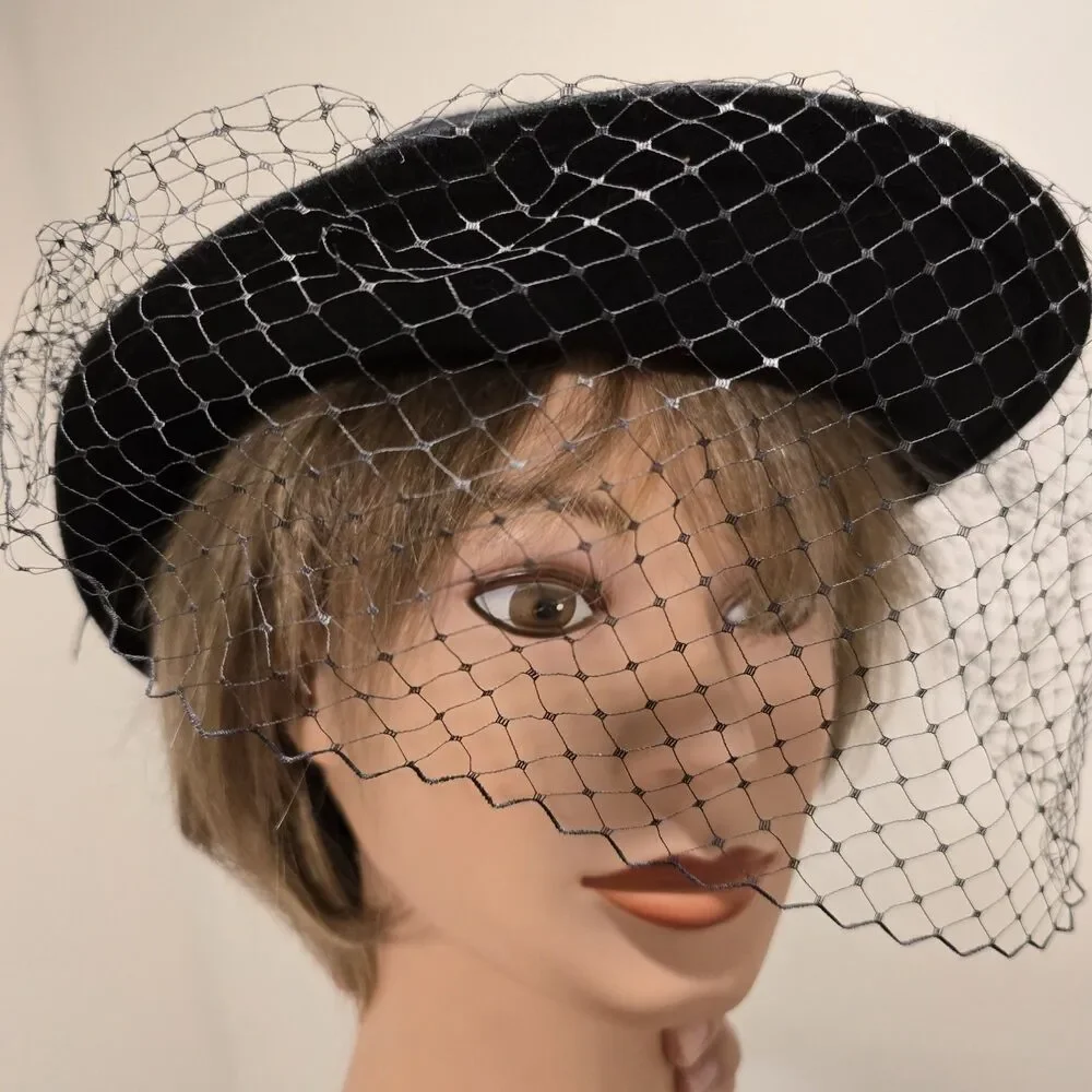 True Vintage Lancaster Black Wool Felt Hat Face Netting USA Black Sequin Classy